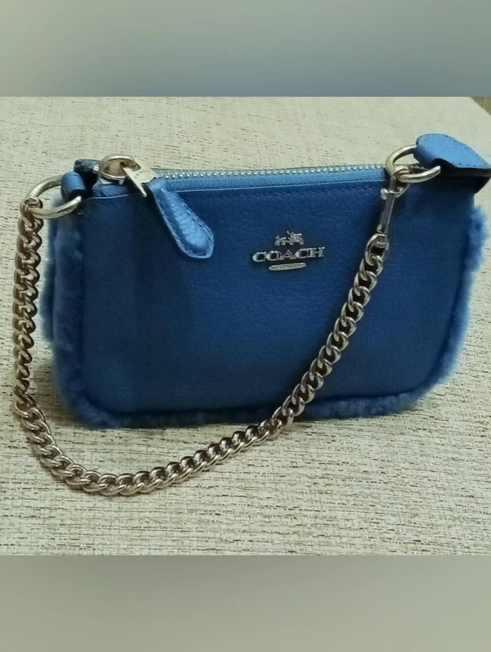 Coach Peacock Blue Fur Trim Mini